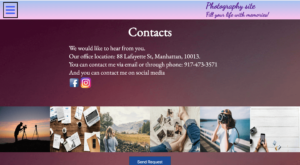 Web screen of Contact page from Photography website