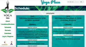 Web screen of Locations page from Yoga studio site