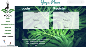 Web screen of Login page from Yoga studio site