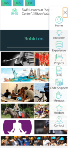 screen of Hobbies page with side navbar from Portfolio site Mobile