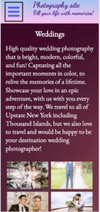 screen of Wedding page from Photography site Mobile