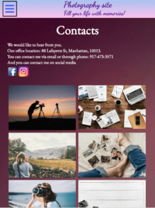 screen of Contact page from Photography site Tablet